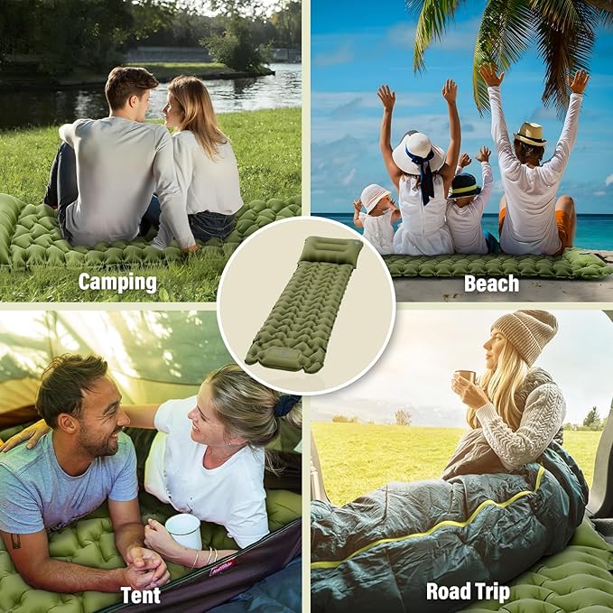 Camping Sleeping Pad 50D Ultralight Inflatable Camping Mat with Pillow Built-in Foot Pump Sleeping Mattress Waterproof Lightweight and Compact Camping Mattress for Backpacking Hiking Traveling Tent