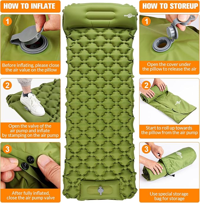 Sleeping Pad Ultralight Inflatable Sleeping Pad for Camping, 80''X25'', Built-in Pump, Ultimate for Camping, Hiking - Airpad, Carry Bag, Repair Kit - Compact & Lightweight Air Mattress（Green）
