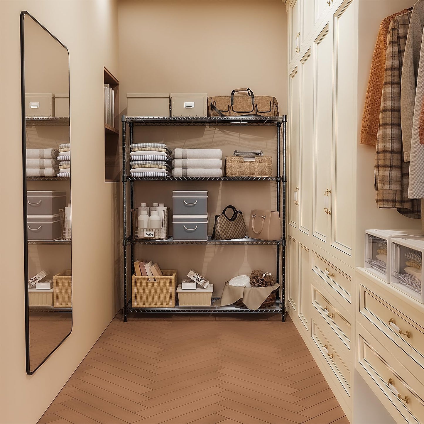 1400 lbs 4 Tier Storage Rack Metal Wire Shelving Unit, Storage Standing Household Shelf Organizer for Kitchen Pantry Closet Garage Basement Utility Room, Black 15.8" D x 45.3" W x 59.4" H