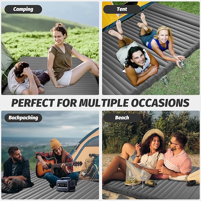 LAMA Double Sleeping Pad for Camping, 2 Persons Self Inflating Camping Mattress for Sleeping, Ultra-Thick 4" Sleeping Mat with Pillow Built-in Pump, Ultralight Camping Mat for Backpacking, Hiking, GY