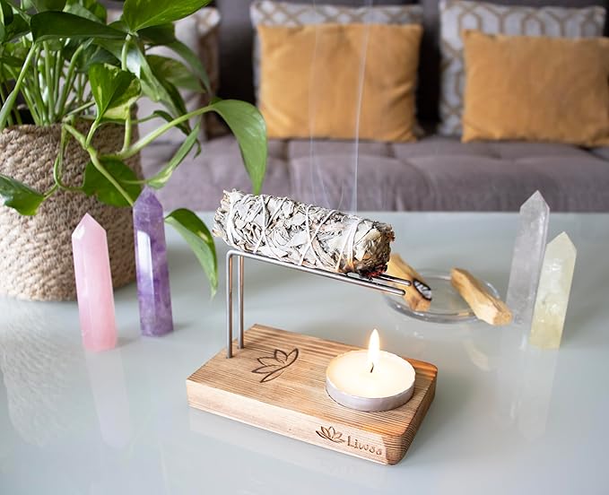 Handcrafted Palo Santo & Sage Holder - Keeps Palo Santo Burning Longer - Natural Wood Burner Holder - Includes Palo Santo Stick, Large Tea Candle & Daily Affirmations - Ideal Spiritual Meditation Gift