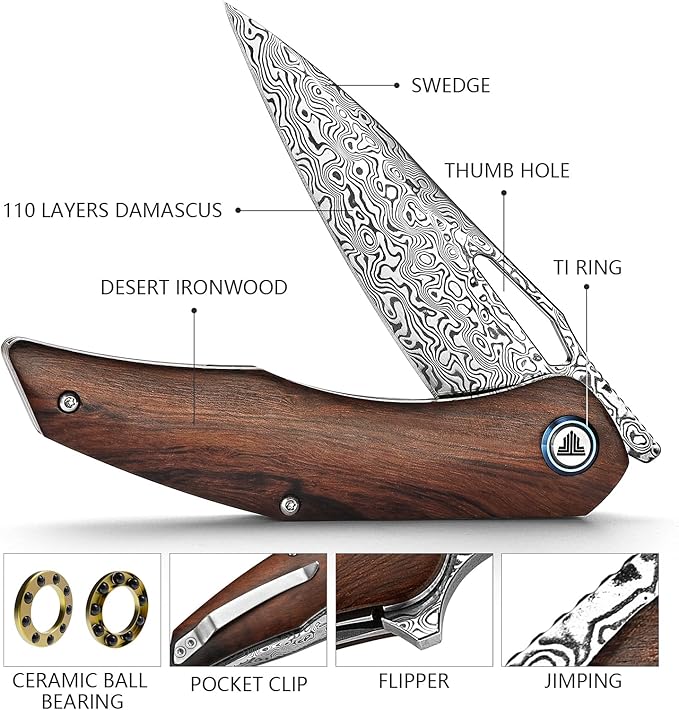 Handmade Pocket Knife,3.62'' 110 Layers Damascus Steel Blade,Front Flipper Wood Handle with Clip,Folding EDC for Men Outdoor Hunting Camping Hiking,Taurus-01i