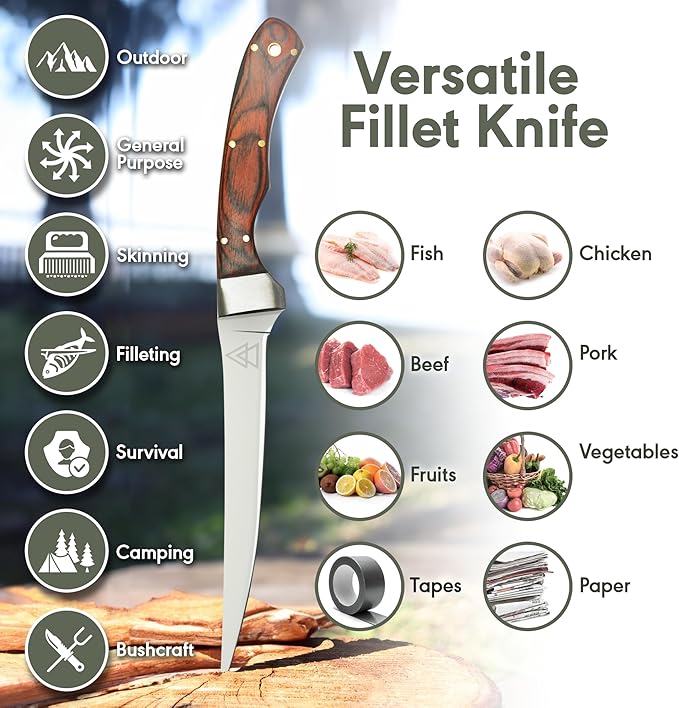 Bushcraft Fillet Knife, 12 Inch Fillet Knife for Fish, Fixed Blade Fish Fillet Knife, 440C Hardened Stainless Steel Boning Knife by Kratos - ZF3F
