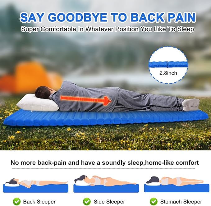 Sleeping Pad for Camping - Ultralight Inflatable Sleeping Mat for Camping Backpacking Hiking Tent Traveling - Portable Compact Lightweight Waterproof Air Mattress with Inflating Bag - Blue