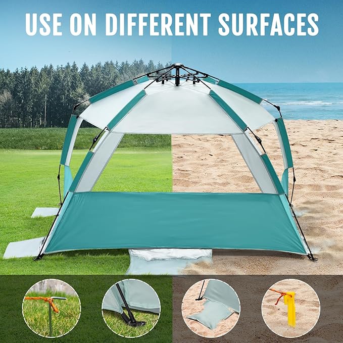 WhiteFang Deluxe Pop Up Beach Tent Sun Shade Shelter for 3-4/5-6 Person, UV Protection, Extendable Floor with 3 Ventilating Windows Plus Carrying Bag, Stakes, and Guy Lines