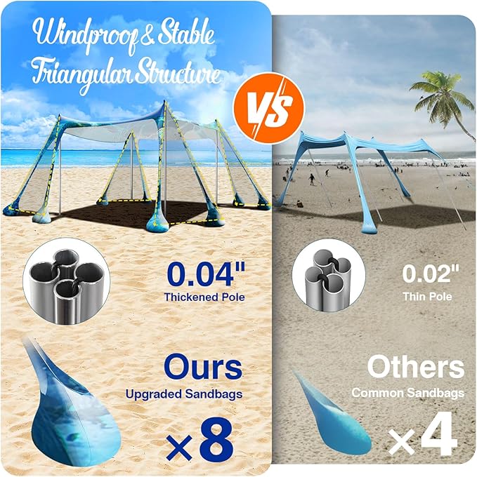 Rhino Valley Beach Tent Sun Shelter, Beach Canopy Tent Sun Shade UPF50+ Protection with 8 Sandbags 4 Stability Poles, Outdoor Beach Shade Canopy for Beach, Camping, Fishing