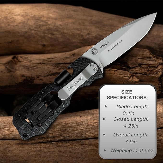 Worldwide Nutrition Bundle: Kershaw Select Fire Multi-Function Pocket Knife, 4-piece Bit Set and Driver, 3.4" 8Cr13MoV Steel Blade, Manual Washer Folding EDC and Multi-Purpose Key Chain