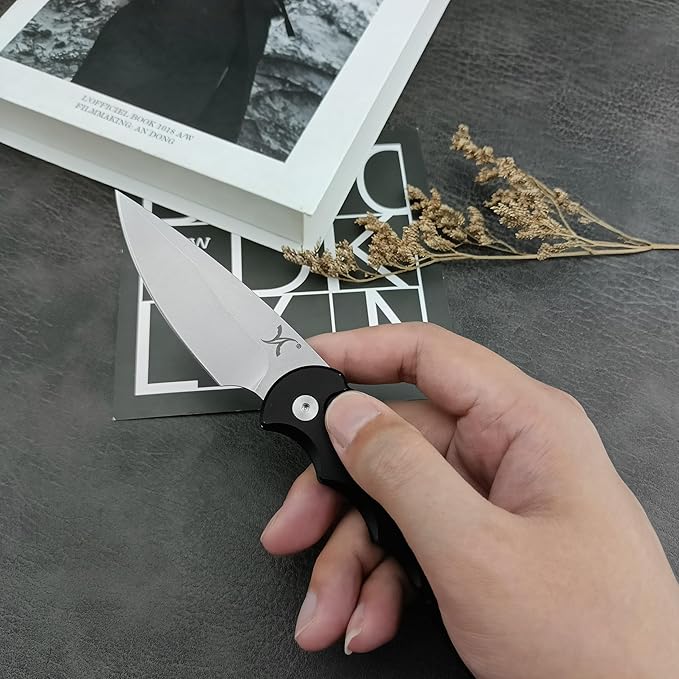 HUAAO 7.5” Assisted Opening Push Button Folding Pocket Knife, 2.8” D2 Blade Aluminum Alloy Handles with Pocket Clip and Lanyard Loop for EDC