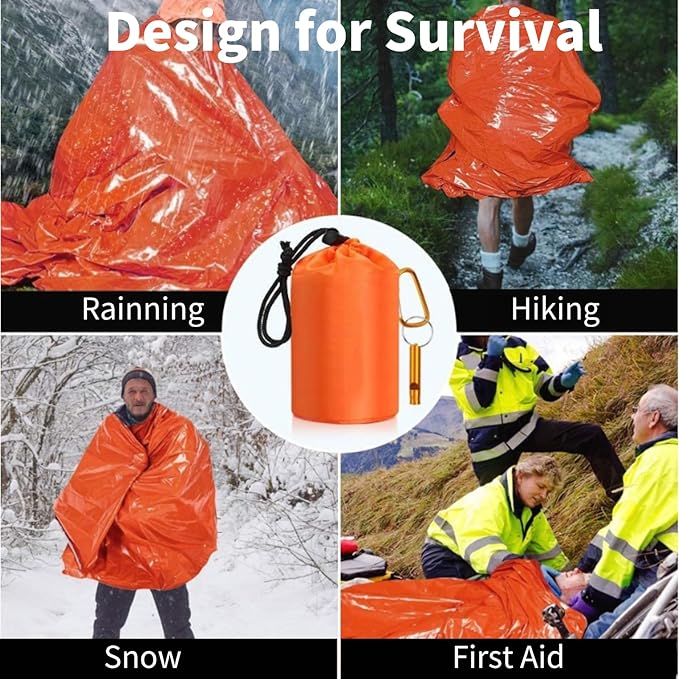 Emergency Sleeping Bag with Whistle 4 Pack, Portable Emergency Survival Bag, Lightweight Pocket Size Emergency Sleeping Bag, Waterproof Thermal Bivy Sack for Camping, Hiking (4Pcs+Whistle)