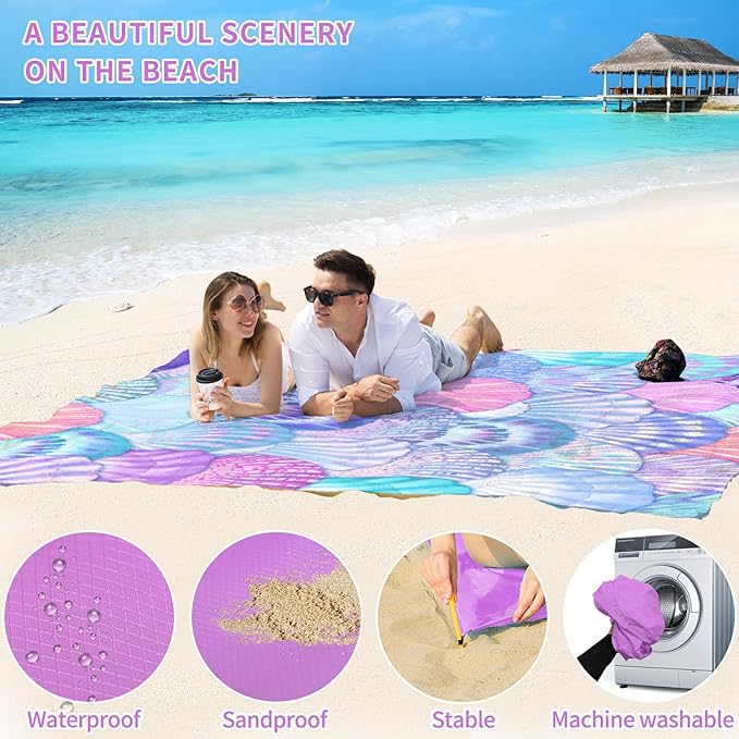 BYDOLL Beach Blanket Sea Shell Sandproof Waterproof 78''×81''1-4 Adults Compact Lightweight Oversized Beach Blanket Large Picnic Mat Blanket for Travel Camping Hiking Picnic