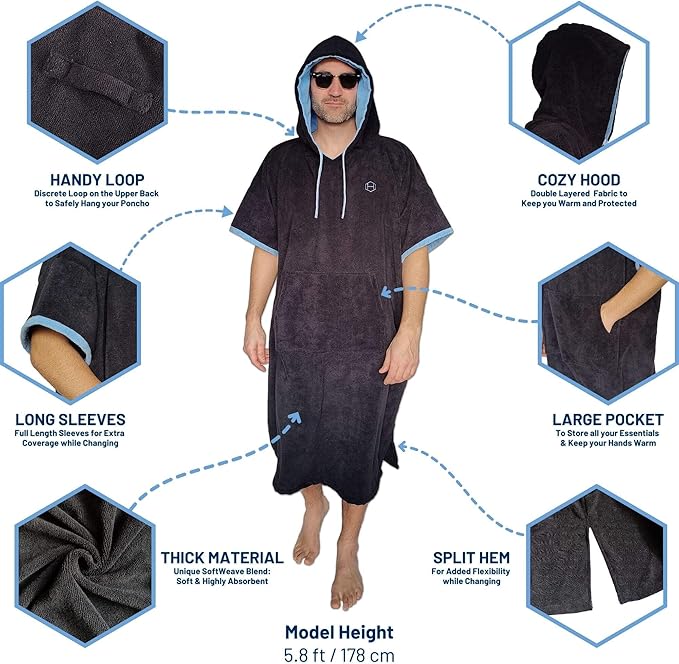 Hang 11' Surf Poncho - Surf Changing Poncho with Front Pocket, Changing Towel Poncho Adult, Swim Poncho Towel, Hooded Towel Adult, Beach Poncho, Wearable Towel, Beach Changing Poncho