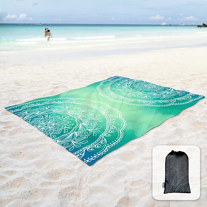 Sunlit Silky Soft 85"x72" Boho Sand Proof Beach Blanket Sand Proof Mat with Corner Pockets and Mesh Bag for Beach Party, Travel, Camping and Outdoor Music Festival, Bright Turquoise Mandala