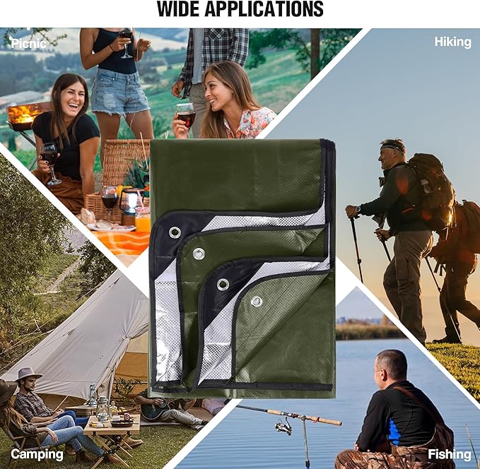 RedSwing 2 Pack Heavy Duty Waterproof Emergency Thermal Tarp, Insulated Survival Blanket for Outdoor Camping, Hiking, and Emergency Shelter, Green