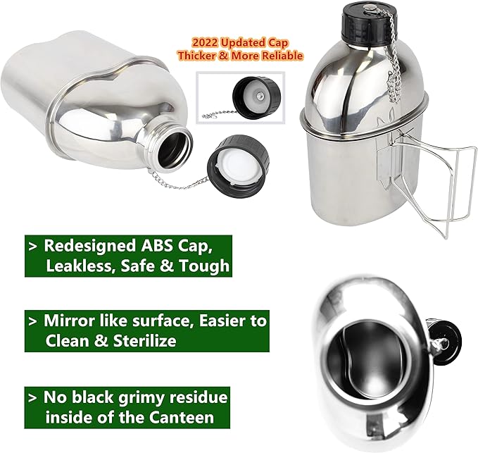 MASTIFF GEARS® 304 (18/8) Stainless Steel (FDA Compliant) US G.I Style Canteen Kit Cooking Set Camping Canteen Mess Kit with Cup, Lid, MOLLE Pouch for Camping