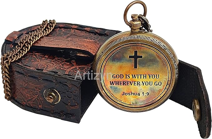 Brass Compass Engraved with Bible Scripture God is with You Wherever You Go Joshua 1:9 Religious Gift, Directional Magnetic Compass with Chain & Leather Carry Case, Baptism Gifts, Confirmation Gifts