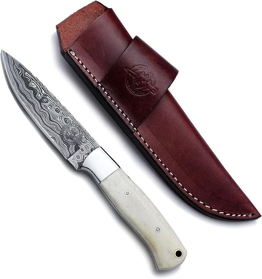 Handmade Damascus Steel Fixed Blade Knife Bowie for EDC,Hunting,Survival,Camping,Bushcraft,and Fishing with Drop Point Full Tang Bone Handel with Cowhide-Leather Sheath-WKD-789