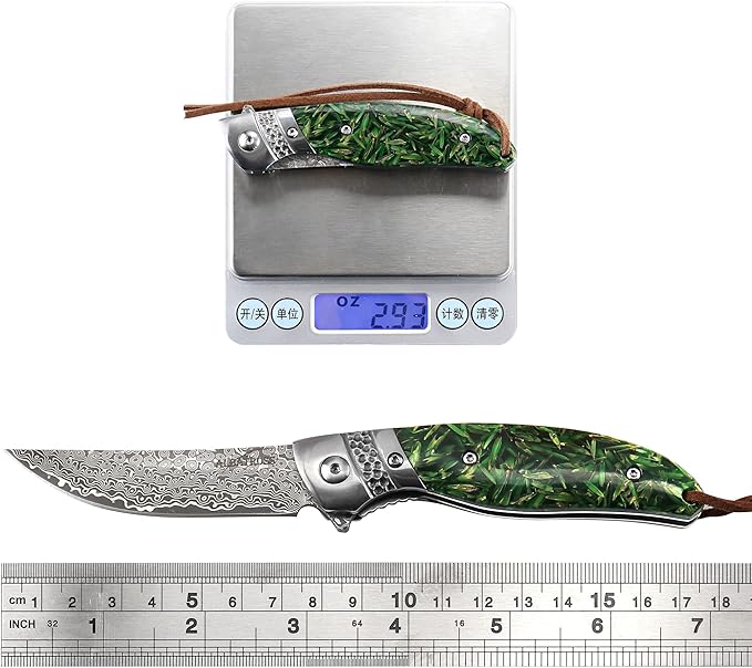 ALBATROSS HGDK028 EDC Sharp Mordern Damascus Folding Pocket Knife with Green paddy Synthetic Material Handle,Ball Bearing Assisted Opening Knives with Liner Lock Tail rope，Gifts/Collections