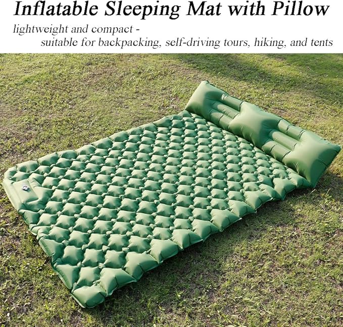 Sleeping Pad for Camping, Inflatable Sleeping Mat with Pillow, Camping Pad with Built-in Foot Pump, Lightweight Camping Mattress Pad for Car Camping, Backpacking, Tent and Hiking (Full (Green))