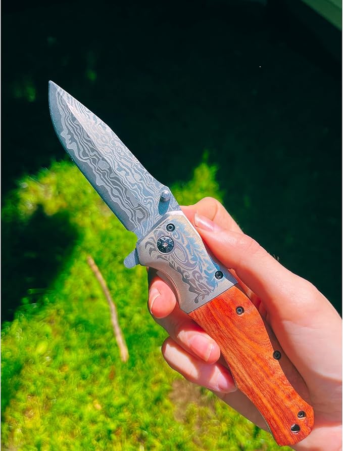 Amz Pocket Knife | 8.7 cm Stainless Steel Blade | Wood Handle | Damascus Design | Outdoor, Tactical Folding Knife