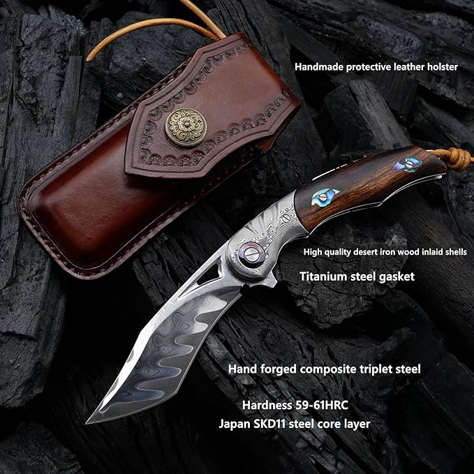 Hand knife with 3.7-inch pocket knife, Japanese SKD11 Damascus steel, outdoor camping knife, forged steel knife, EDC folding knife