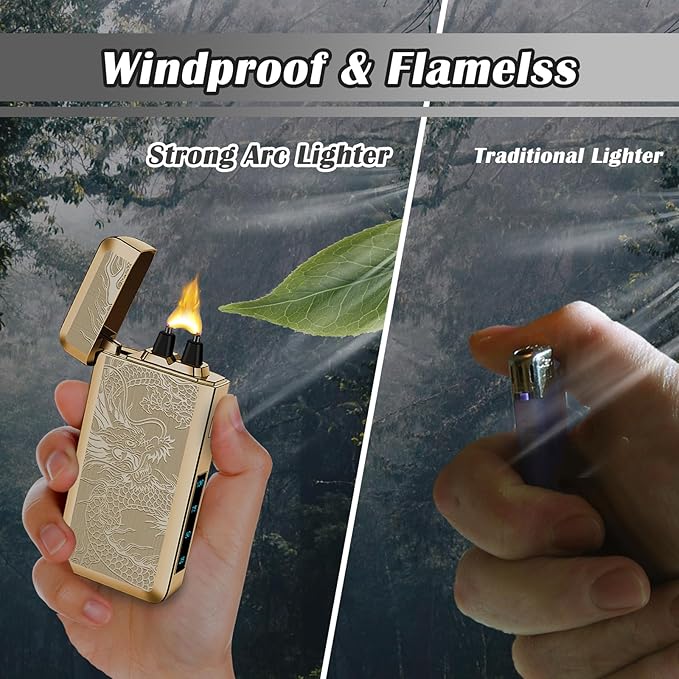 SKRFIRE Electric Lighter USB Type-C Rechargeable Plasma Arc Lighter, Windproof Torch Lighter High Power Flame Candle Lighter with LED Battery Indication for Camping, Hiking, Traveling(Gold Dragon)