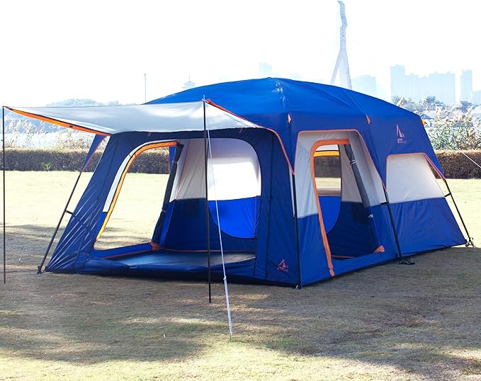 KTT Extra Large Tent 10-12-14 Person(Style-B),Family Cabin Tents,2 Rooms,3 Doors and 3 Windows with Mesh,Straight Wall,Waterproof,Double Layer,Big Tent for Outdoor,Picnic,Camping,Family Gathering
