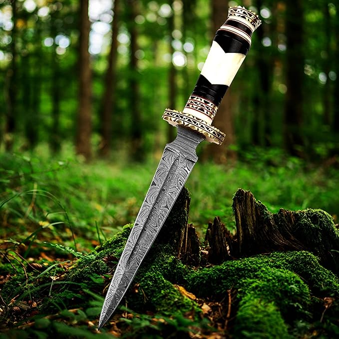 NBGRLVS Damascus Beautiful Steel Dagger Knife - Camel Bone Handle - Sharp Edge Fix Blade - Genuine Multipurpose Knife 12.5” Handmade Premium Quality - Bull Horn with Brass Spacer Ideal for Outdoor