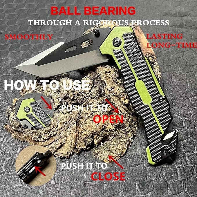 HELLOWZXD Folding Pocket Knife - Glass Breaker,Strap Cutter,7mov13 Stainless Steel Tanto Folding Knives - Smoothy Ball Bearing,Aluminum Handle w Clip EDC Knife for Survival Camping Hiking