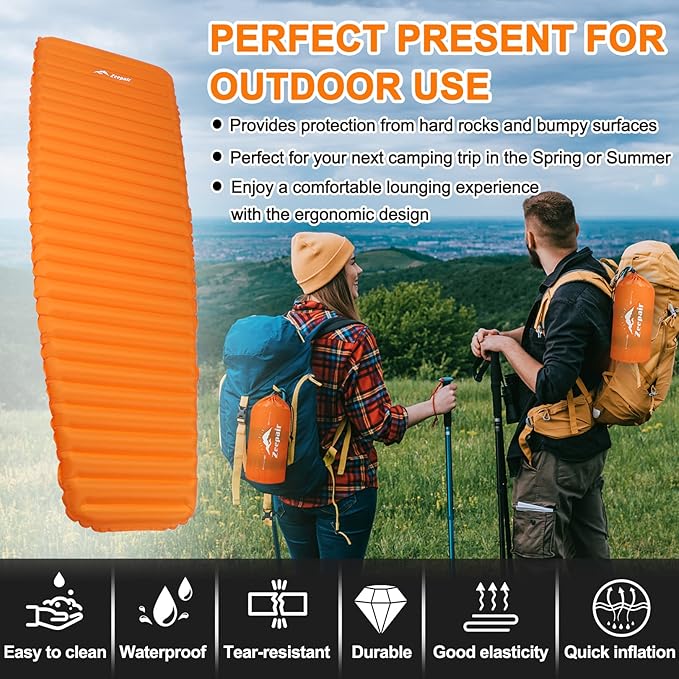 Sleeping Pad for Camping - Ultralight Inflatable Sleeping Mat for Camping Backpacking Hiking Tent Traveling - Portable Compact Lightweight Waterproof Air Mattress with Inflating Bag - Orange