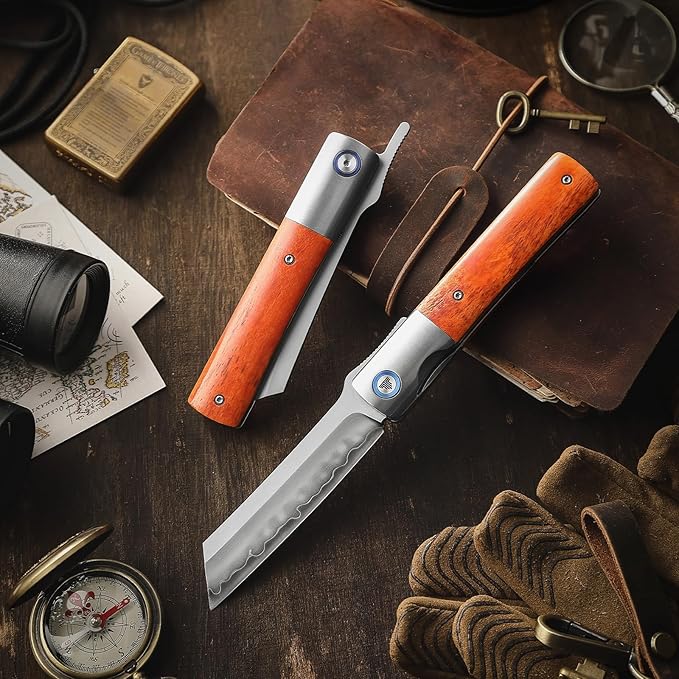 Japanese Style Razor Knives, Higonokami Folding Pocket EDC Knife for Men, 3.66" SKD11 Steel Blade,Handmade Ti Ring & OX Bone & Ti Bolster Handle, Kira-02O