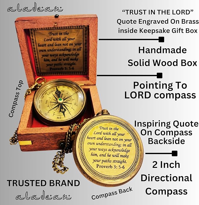 Trust in The Lord - Proverbs 3: 5-6 Engraved Compass, Wood Box Greeting, Inspirational Gift Men, Christian Boys Baptism Gifts, Graduation Day