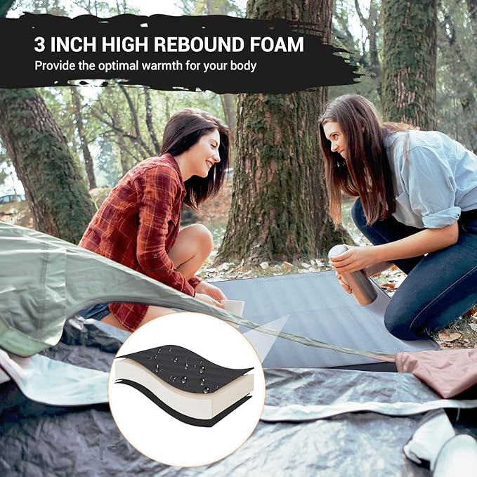 KingCamp Luxury 3D Double Self Inflating Sleeping Pad with 9.5 R Value, Camping Foam Air Mattress, Portable 3 Inch Large Thick for 2 Person, 79.1'' x 50.3'' x 3.0'', Black