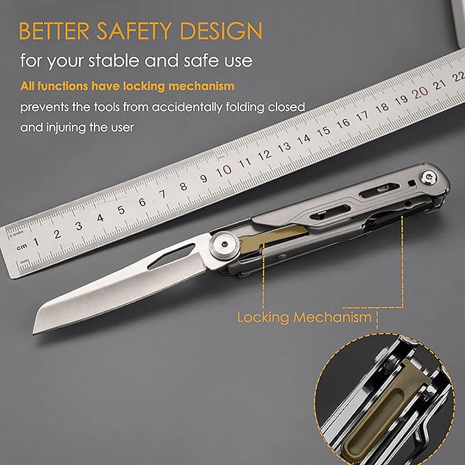 Maerd P3 9in1 Hard Stainless Steel Multitool, Foldable Self-Locking Multi-tool Pocket Knife with Belt clip, First Aid Scissors, Saw, Bottle Opener, Sickle, EDC Multitool Emergency