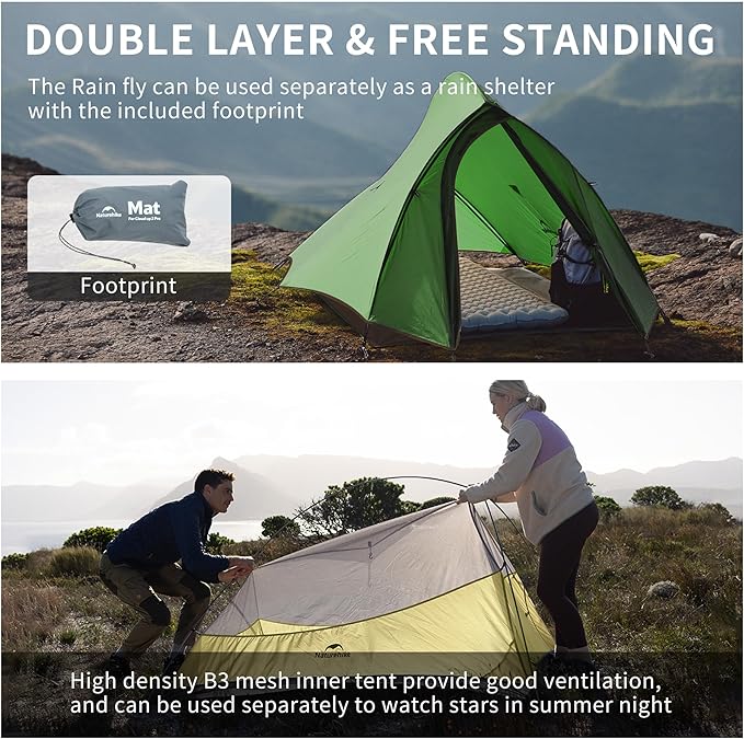 Naturehike Cloud-Up 2 Person Tent Lightweight Backpacking Tent with Footprint - Free Standing Ultralight Camping Hiking Backpack Tents Two Person Tent