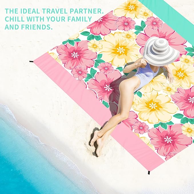 BYDOLL Beach Blanket Sandproof Waterproof 78''×81'' 1-4 Adults Compact Lightweight Oversized Beach Blanket Large Picnic Mat Beach Blanket for Travel Camping Hiking Picnic