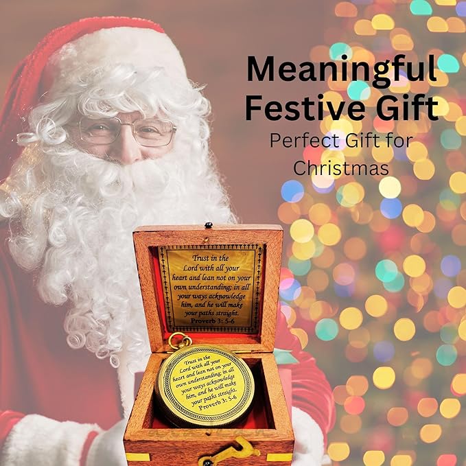 Trust in The Lord - Proverbs 3: 5-6 Engraved Compass, Wood Box Greeting, Inspirational Gift Men, Christian Boys Baptism Gifts, Graduation Day