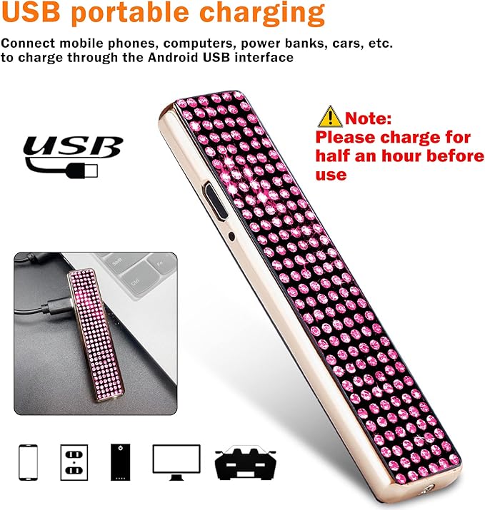 Rhinestone Lighter Electric Lighter Rechargeable Bling Glitter USB Lighter Flameless Girls Lighter for Women (Pink)