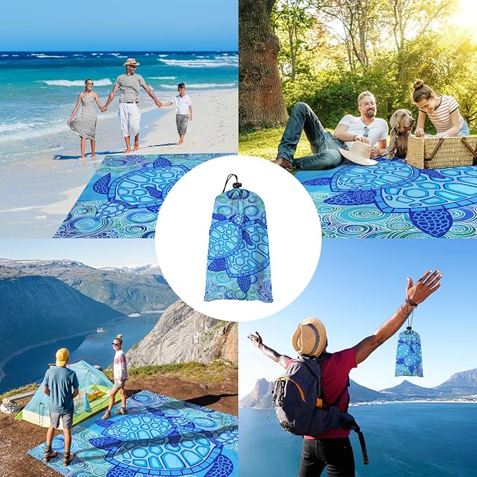 Beach Blanket Waterproof Sandproof, 78''×86'' Large Beach Mat Sand Free with 4 Stakes & Sand Pockets, Lightweight & Compact Foldable Picnic Blanket for Outdoor, Camping Must Have - Ocean Sea Turtle