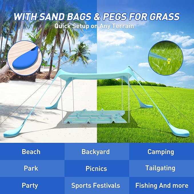 Beach Tent Pop Up Shade Canopy Sun Shelter UPF50+ with 4 Stability Poles/Carry Bag/Ground Pegs/Sand Shovel/Windproof Ropes Portable Outdoor Family Sunshade for Beach Camping(Royal Blue10×10FT)
