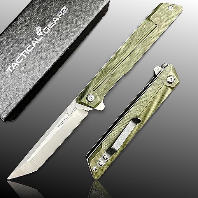 TACTICAL GEARZ EDC Pocket Folding Knife with G10 Handle - Tanto D2 Steel Blade, Nyx ST (Olive Beast Bundle)