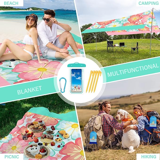 BYDOLL Beach Blanket Sandproof Waterproof Flower 78''×81''1-4 Adults Compact Lightweight Oversized Beach Blanket Large Picnic Mat Beach Blanket for Travel Camping Hiking Picnic