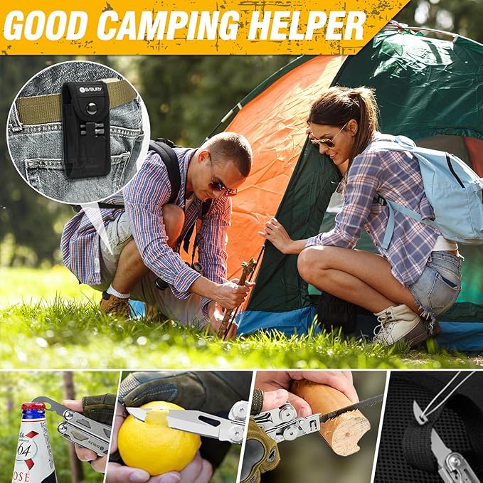 BIBURY Multitool Pliers, Stainless Steel Multi Tool Pliers with Replaceable Wire Cutters and Saw, Foldable Multitools with Scissors and Screwdriver, Ideal for Camping, Hiking, Survival, Repair