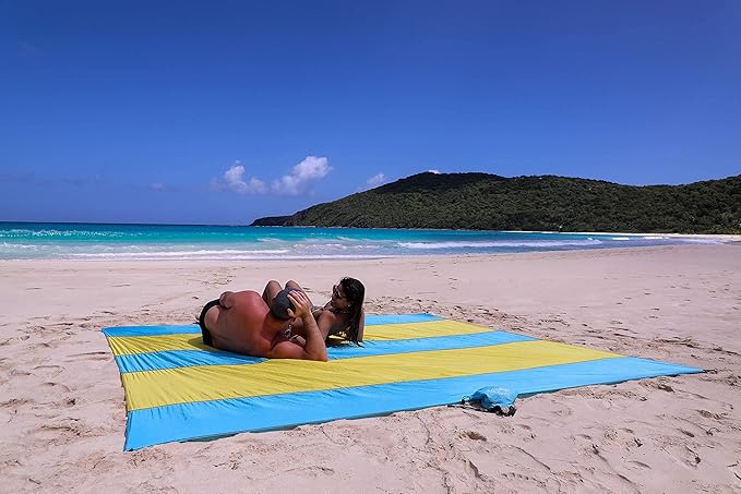 Premium XXL Beach Blanket Sandproof Water Resistant Quick Dry Mat 10ft by 9ft for 1-8 Adults with 4 Metal Stakes, 4 Corner Pockets, Secure Clip and Strap, and Attached Bag