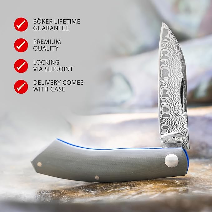 Boker Solingen® Damascus Annual Knife 2023 - Folding knife - EXCELLENT Collectors Knife with G10 handle gray-blue -Pocket knife - Limited Edition knife with slipjoint