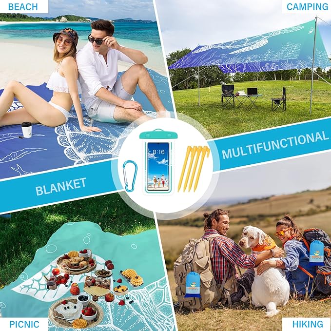 BYDOLL Beach Blanket Sea Turtle Sandproof Waterproof 78''×81'' 1-4 Adults Compact Lightweight Oversized Beach Blanket Large Picnic Mat Beach Blanket for Travel Camping