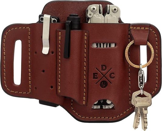 Multitool Holster, Leather Multitool Sheath, EDC Pouch for Belts Fits Multitool, Knife, Keys and Small Flashlight - Compatible with Full Size Leatherman, Gerber, SOG Multitools, Brown