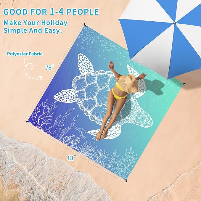 BYDOLL Beach Blanket Sea Turtle Sandproof Waterproof 78''×81'' 1-4 Adults Compact Lightweight Oversized Beach Blanket Large Picnic Mat Beach Blanket for Travel Camping