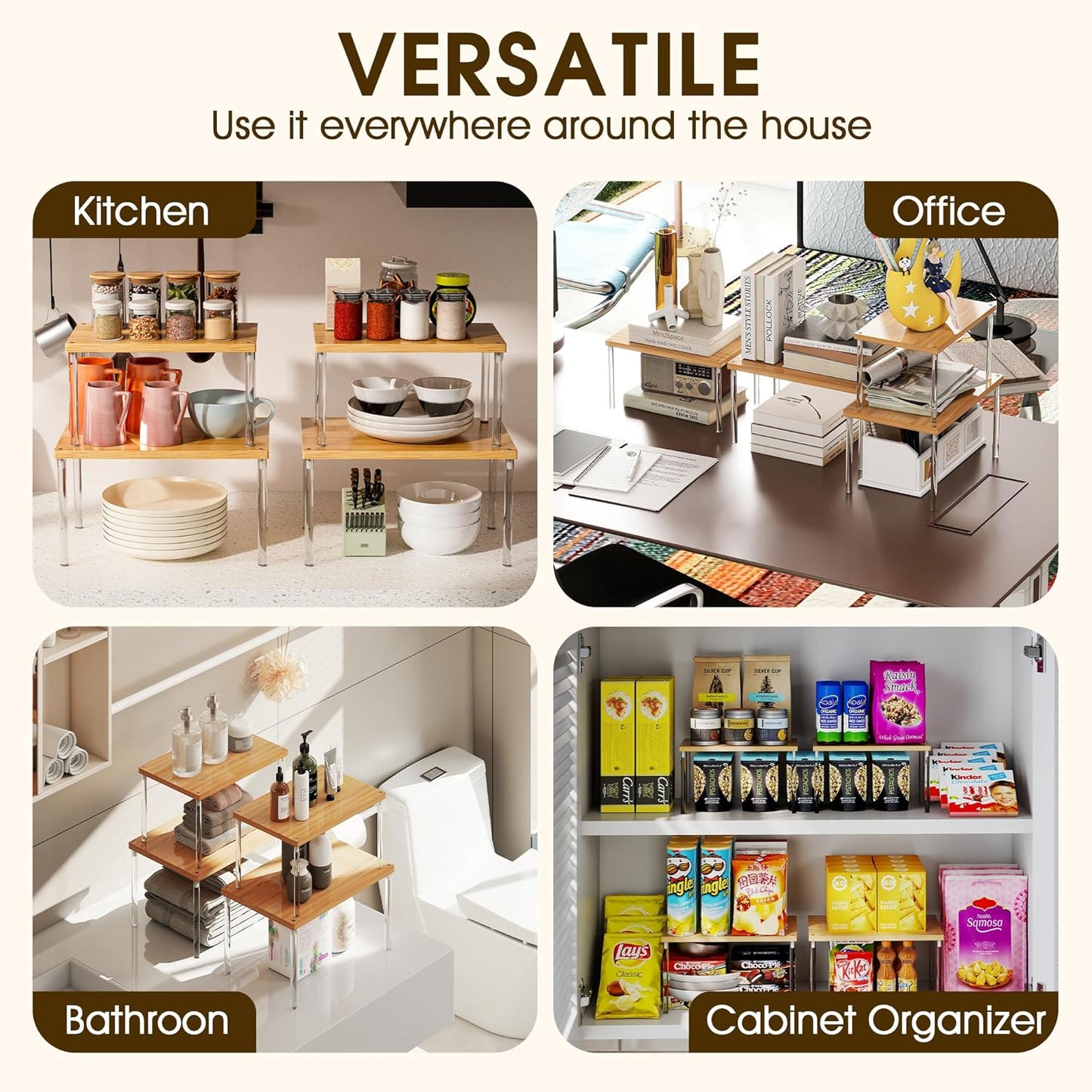 Jolitac Cabinet Organizer Shelf - Set of 2 Clear Acrylic Spice Rack, Stackable Pantry Storage Shelves for Kitchen Counter, Bathroom, Desk - Multi-Purpose Bamboo Space Saving Shelves, Easy Assembly