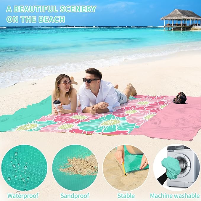 BYDOLL Beach Blanket Sandproof Waterproof Flower 78''×81''1-4 Adults Compact Lightweight Oversized Beach Blanket Large Picnic Mat Beach Blanket for Travel Camping Hiking Picnic