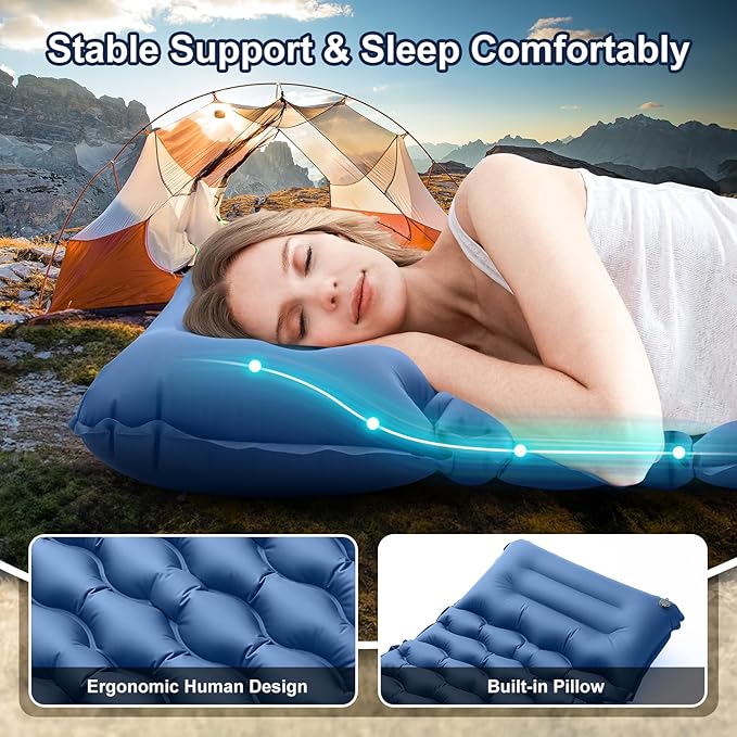 Sleeping Pad for Camping, 50D Inflatable Camping Mat with Pillow Built-in Foot Pump Sleeping Mat Waterproof Compact and Portable Camping Mattress for Backpacking Hiking Traveling Road Trip Tent